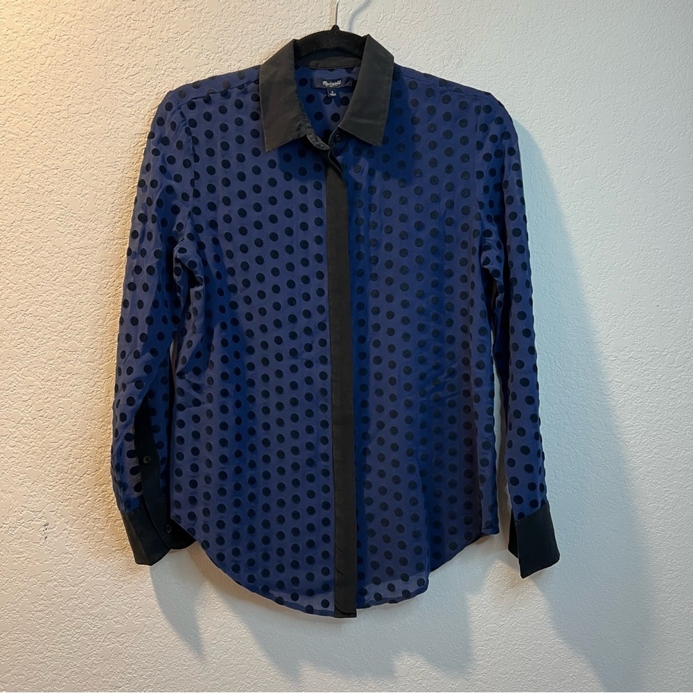 Women’s Madewell blue sheer silk polka dot long sleeve button up blouse size S